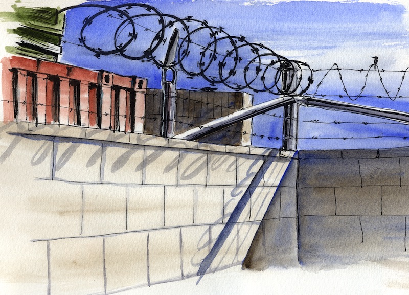 Ink and watercolor sketch of an industrial yard with razor wire on the fence.