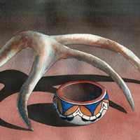 A bowl with Native decoration is surrounded by deer horns, links to Fine Art Gallery